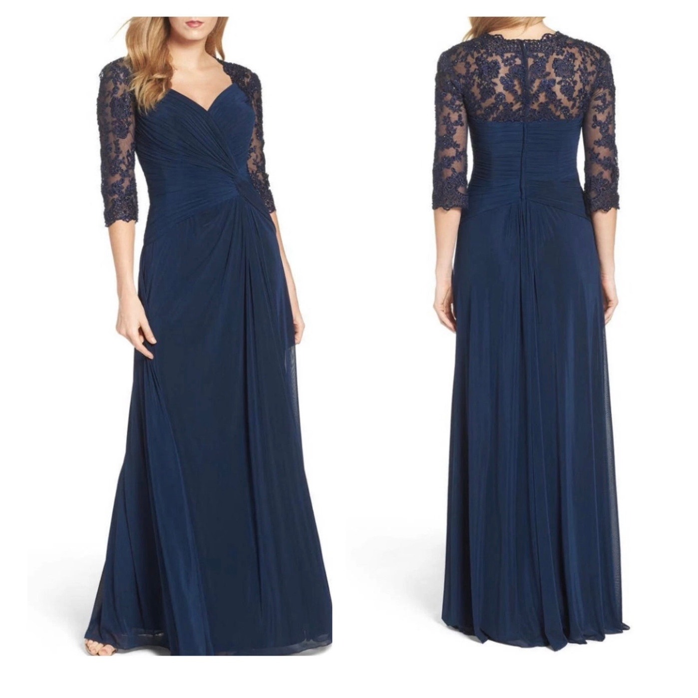 La Femme Navy Blue Ruched Twist Column Gown - Size 6 $598.00